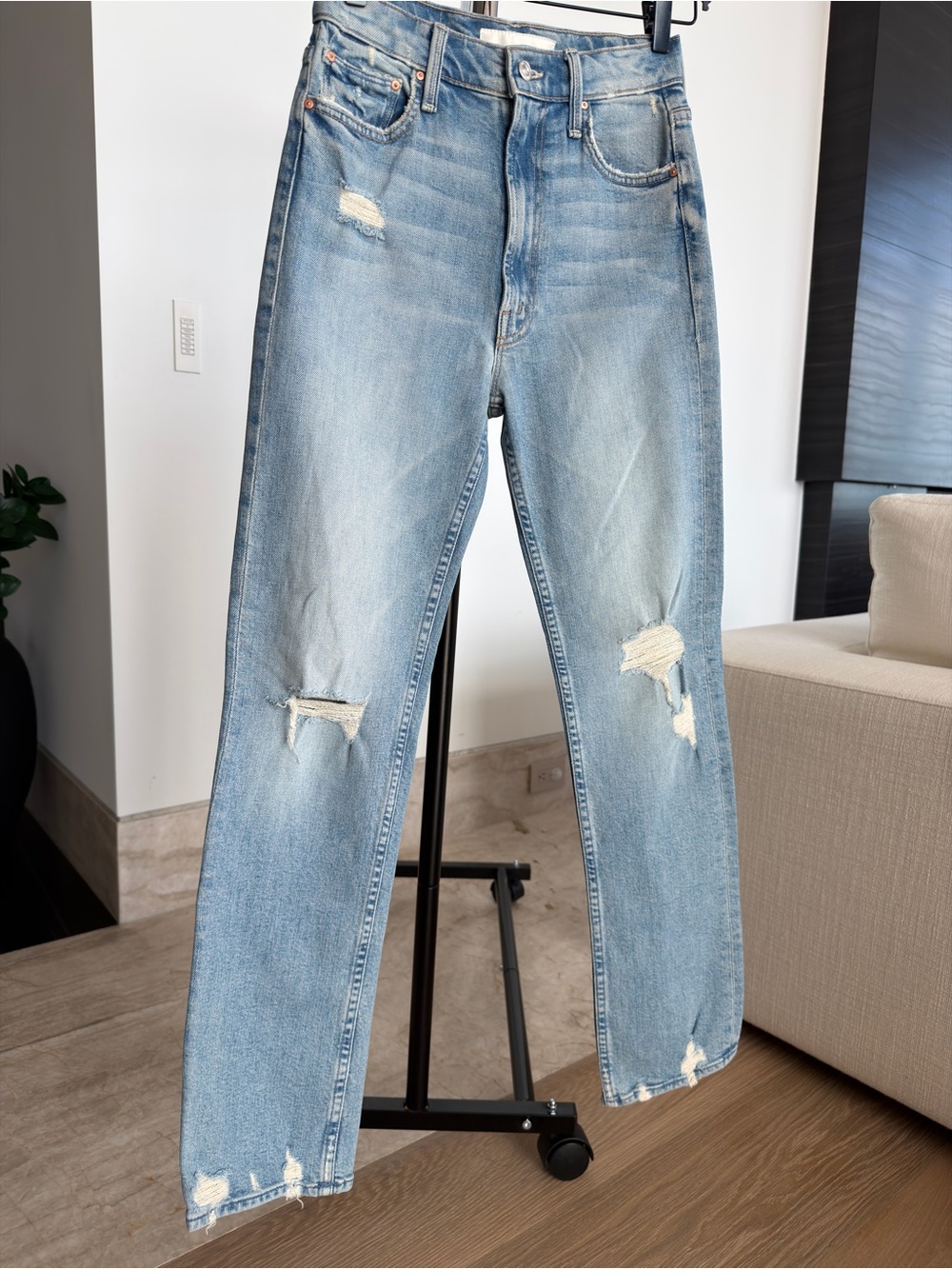MOTHER Light Blue Straight Leg Distressed Jeans